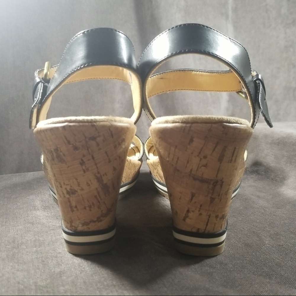 Naturalizer Norton Black Faux Leather Wedge Brass Buckle Sandals - Picture 3 of 8